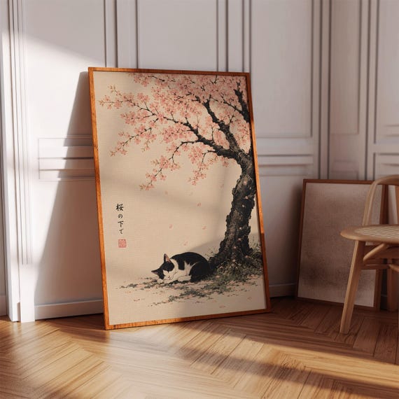 Japanese Cat Art Print Cherry Blossom Tree Poster Sleeping Tuxedo Wall Decor