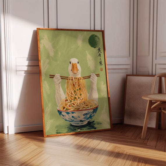 Goose Eating Ramen Noodles Poster Japanese Style Green Kitchen Decor Wall Art Print