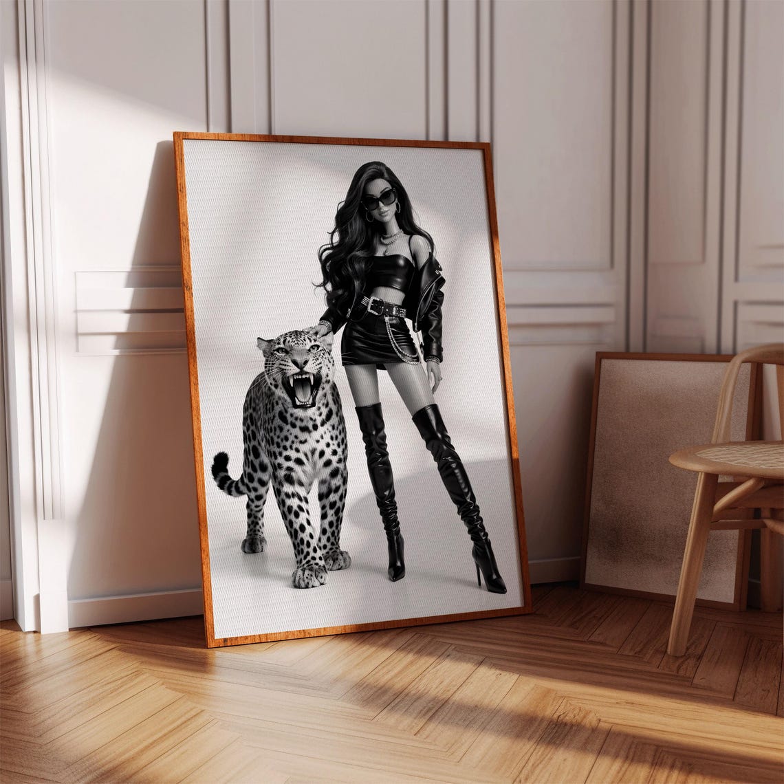 Black White Glam Fashion Woman Leather Leopard Sunglasses Poster