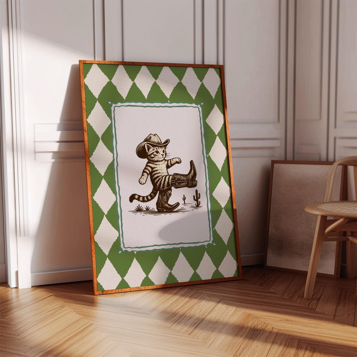Cowboy Cat Poster Western Kitten Boots Green Retro Wall Decor