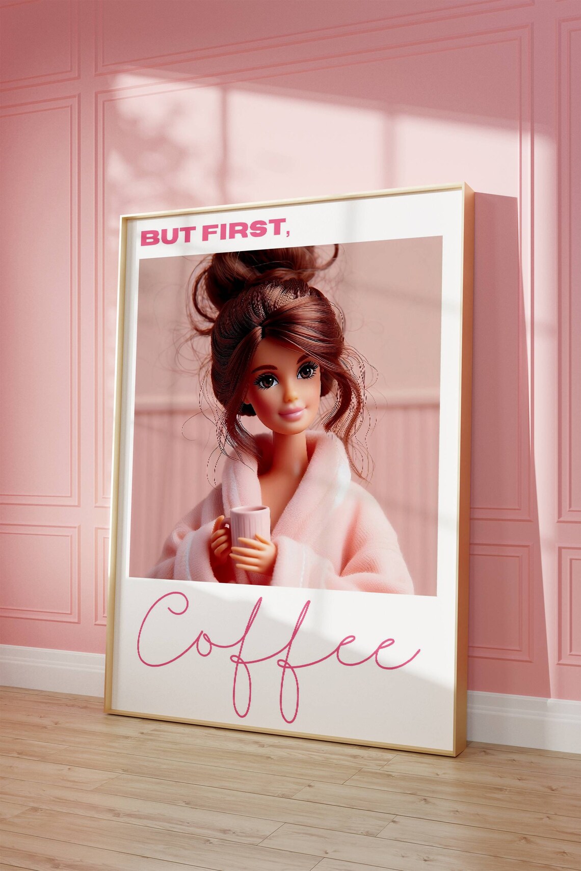 Pink Coffee Poster, Brunette Girl Art Poster