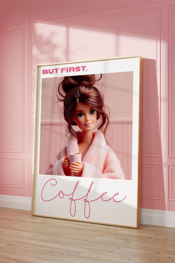 Pink Coffee Poster, Brunette Girl Art Poster