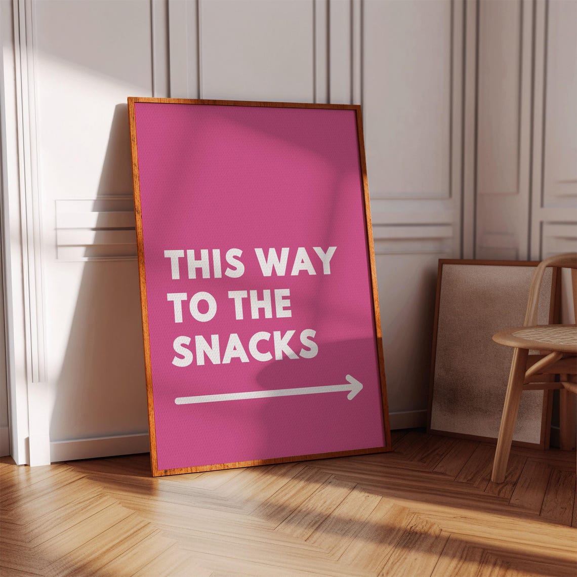 This Way To The Snacks Pink Typography Arrow Funny Kitchen Poster