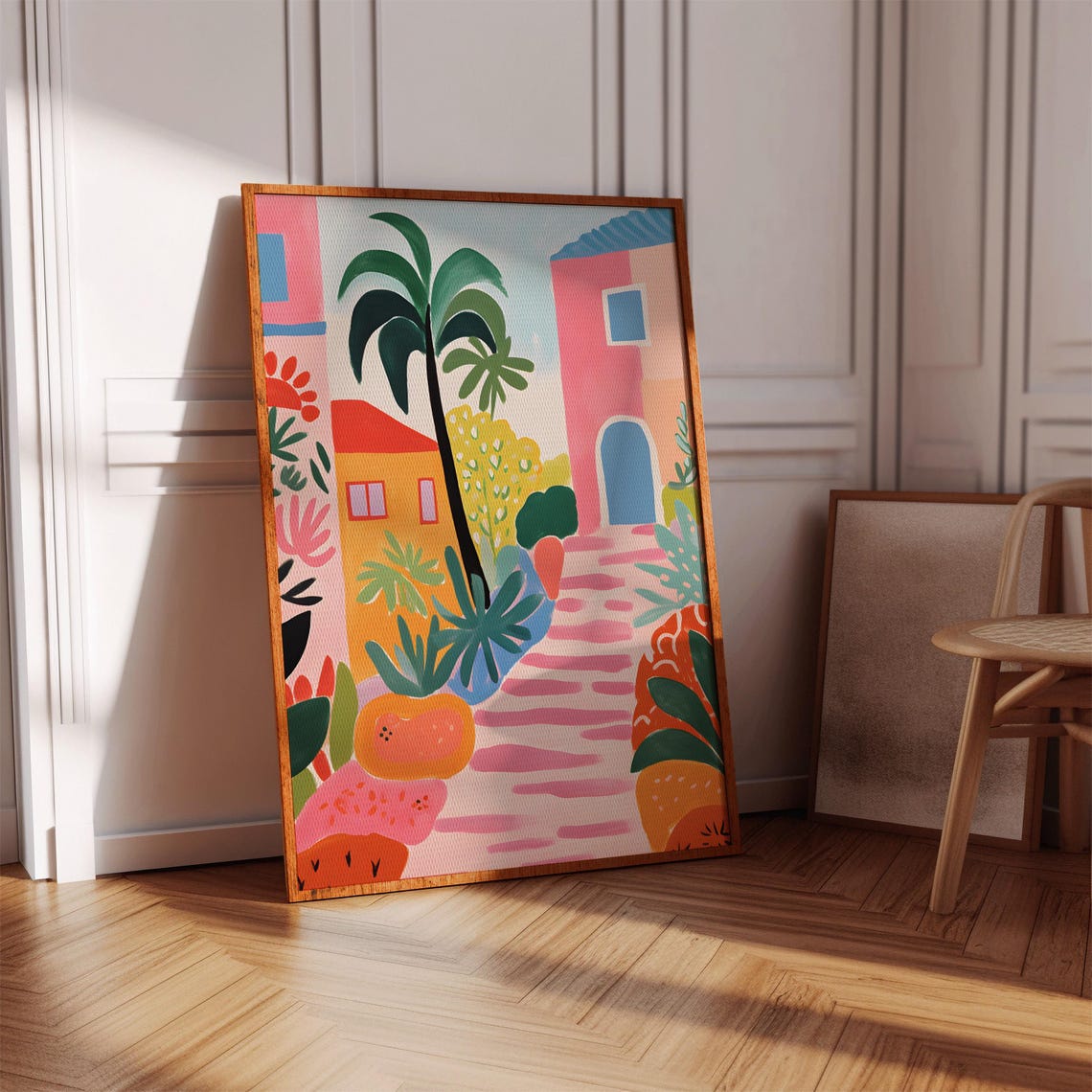 Vibrant Tropical Village Colorful Palm Street Naive Art Poster