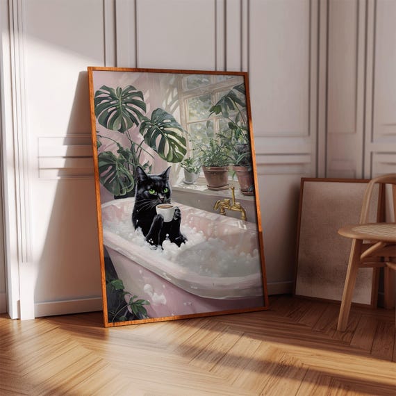 Black Cat In Bathtub Print Retro Bathroom Wall Art Digital Download
