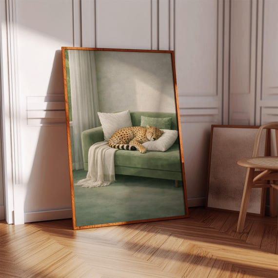 Cheetah Print Sleeping Animal Poster Green Wall Decor Trendy Bedroom Art