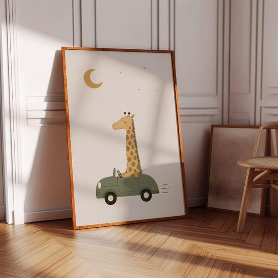 Giraffe Driving Car Nursery Wall Art Green Vehicle Baby Room Decor Kids Poster