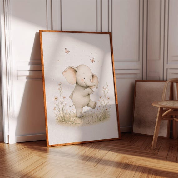 Happy Elephant Nursery Wall Art Butterfly Baby Room Decor Animal Poster Print