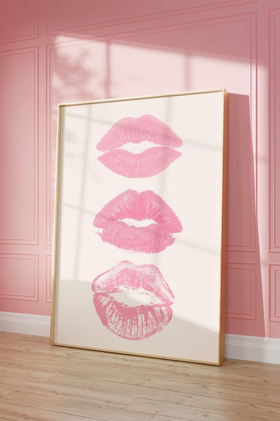 Pink Lipstick Kisses Print Retro Wall Art Instant