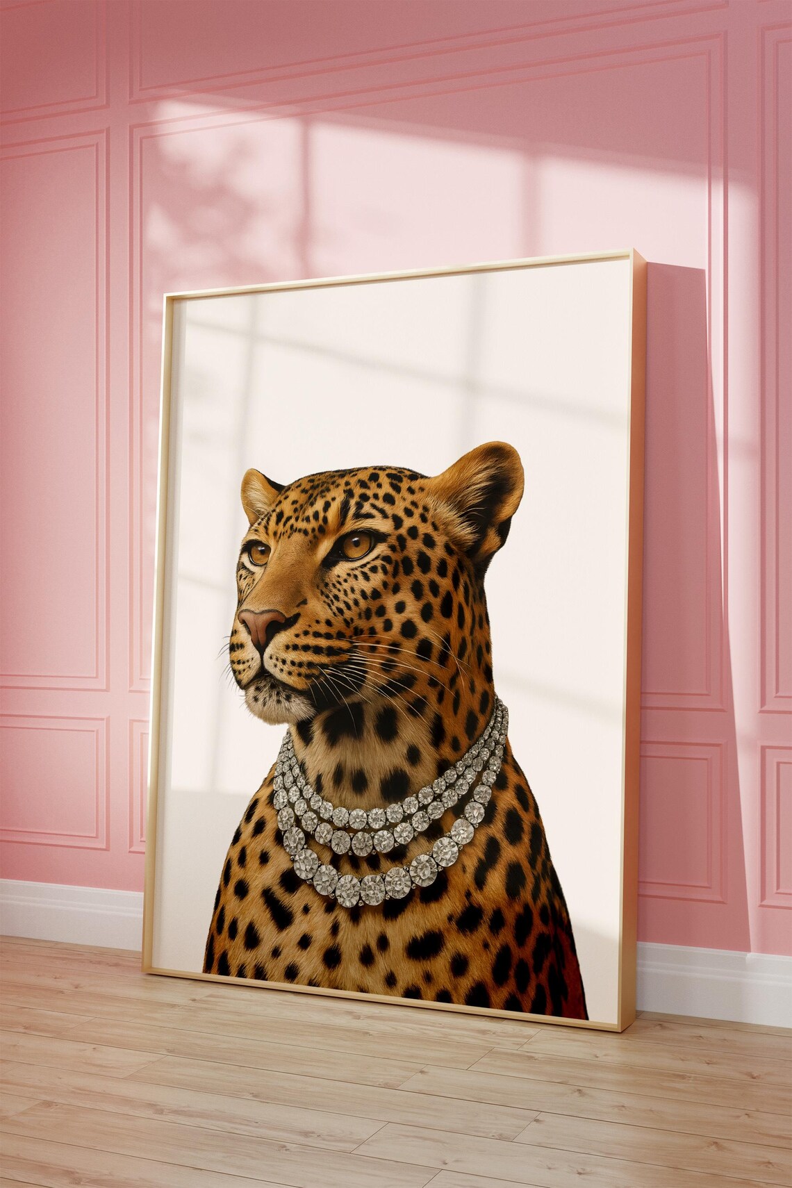 Leopard Wearing Diamond Necklaces Glamorous Wildlife Portrait Fashion Art Poster
