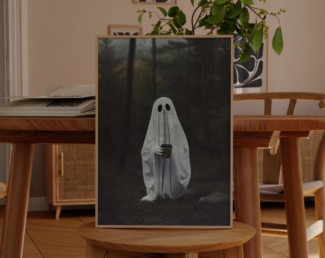 Ghost Drinking Coffee Dark Forest Moody Halloween Photo Poster