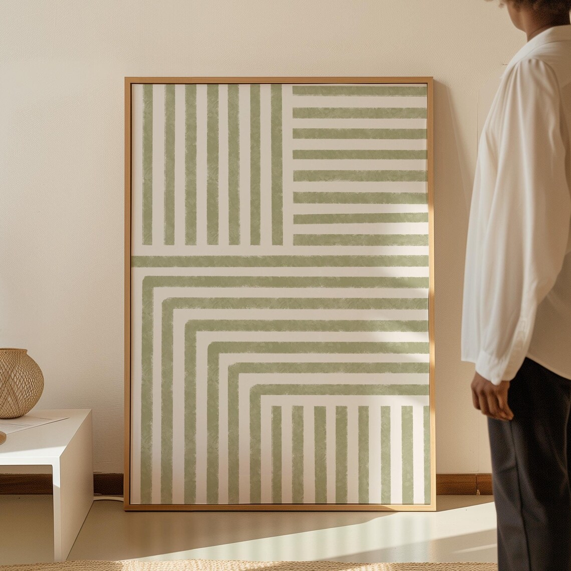 Sage Green Abstract Line Print, Mid Century Modern