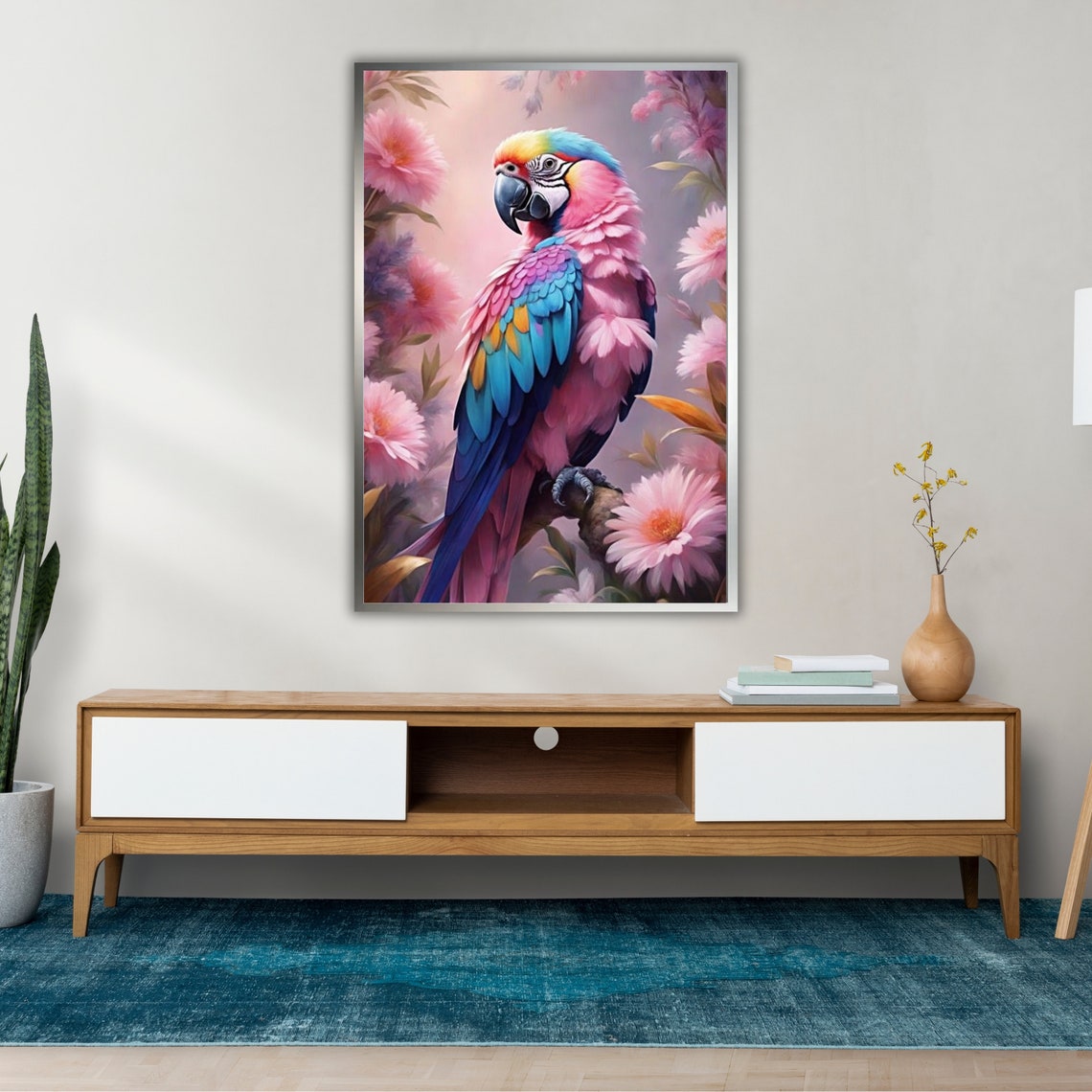 Pink Parrot With Blue Wings Perched Among Blooming Flowers Art Poster - Image 2