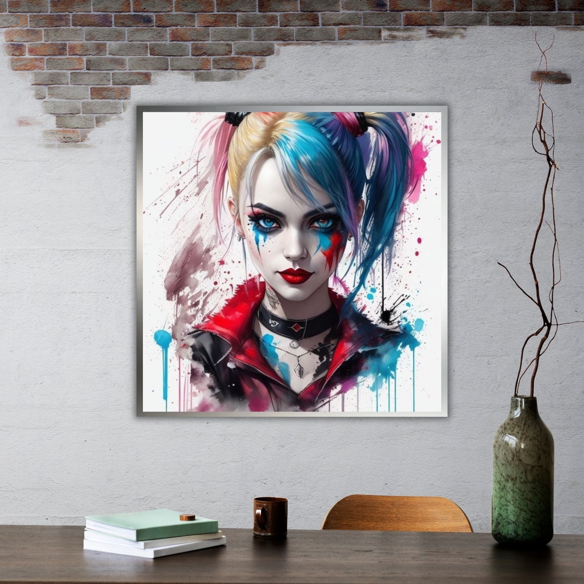 Harley Quinn Watercolor Portrait Pink Blue Pigtails Pop Art Print - Image 4