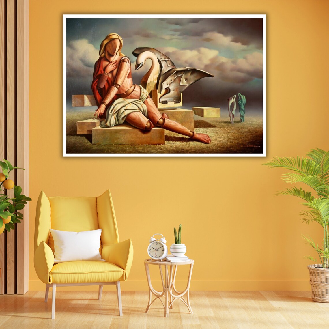 Surreal Figure With Swan In Desert Landscape Dreamlike Oil Painting Wall Art - Image 2