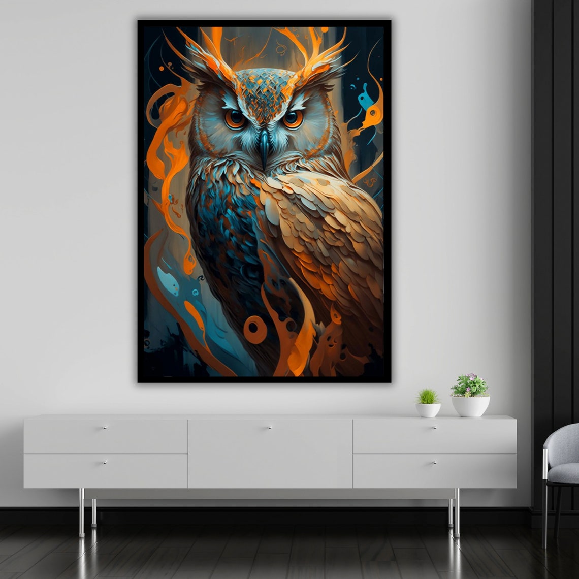 Majestic Owl Portrait Teal Gold Flame Swirls Wildlife Art Print - Image 4