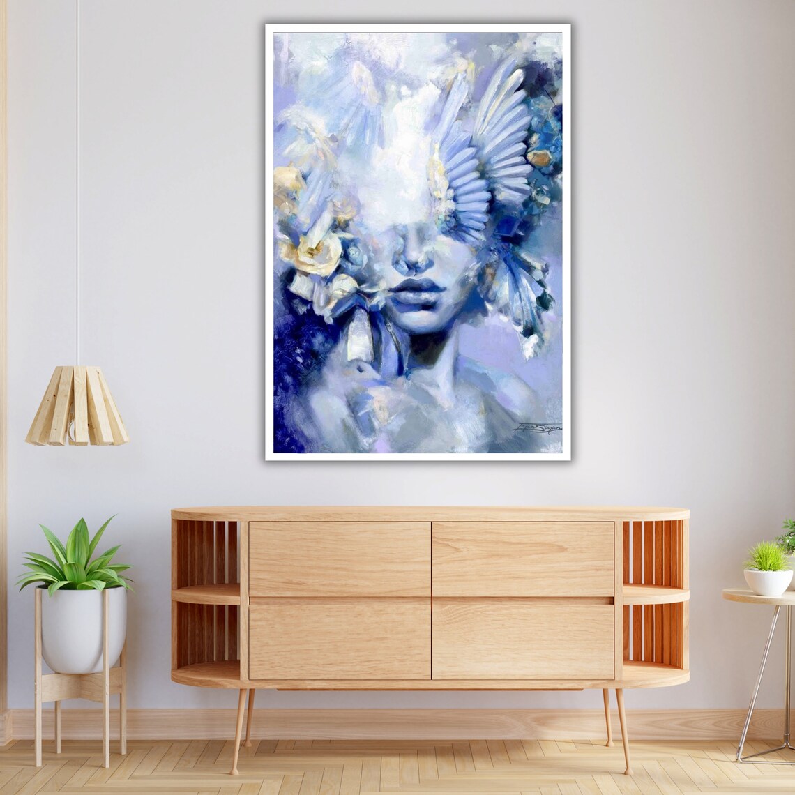 Ethereal Angel Woman With White Feathers Blue Dream Portrait Art Poster - Image 4
