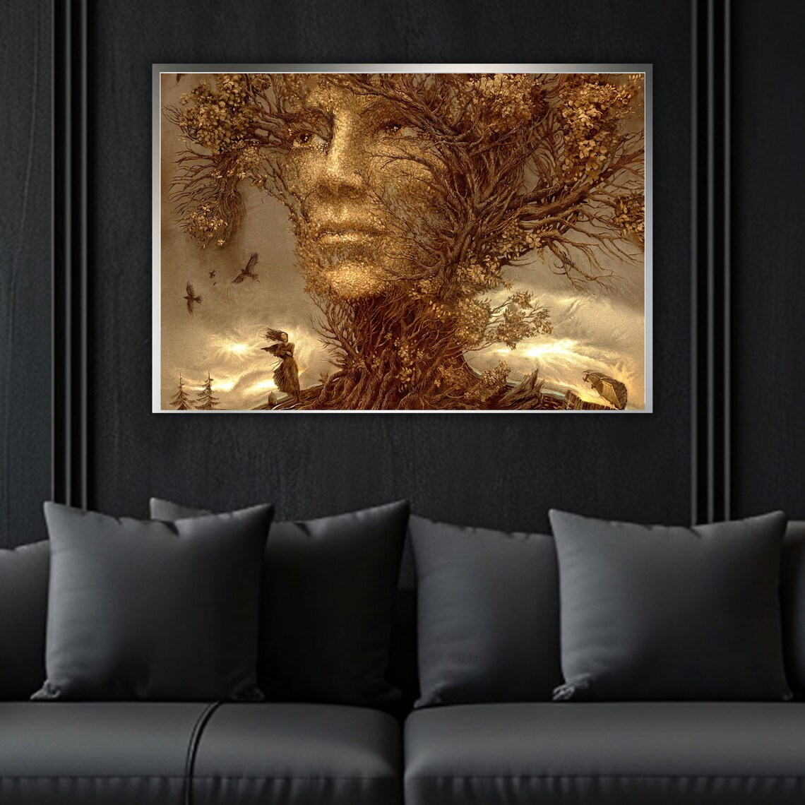 Surreal Tree Spirit Face Golden Forest Birds Fantasy Nature Art Print - Image 3