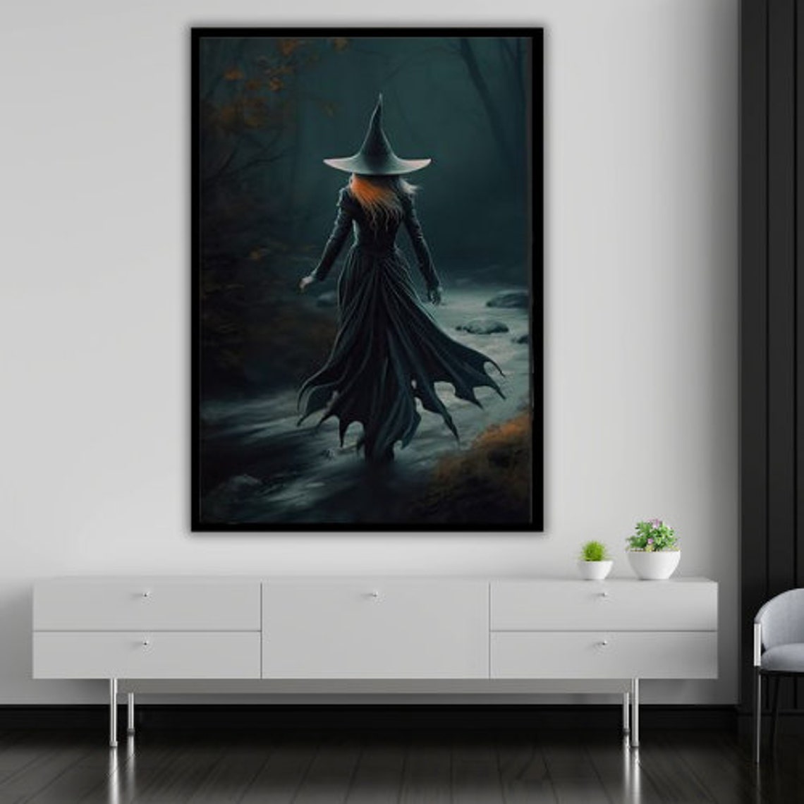 Dark Witch Walking Through Misty Forest Gothic Dark Fantasy Art Print - Image 3