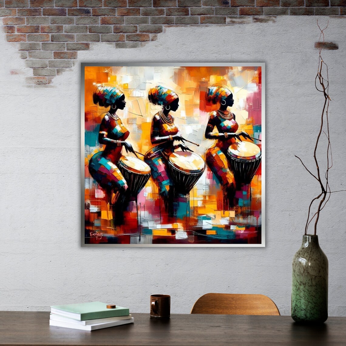 African Women Djembe Drummers Mosaic Palette Knife Music Wall Art - Image 2