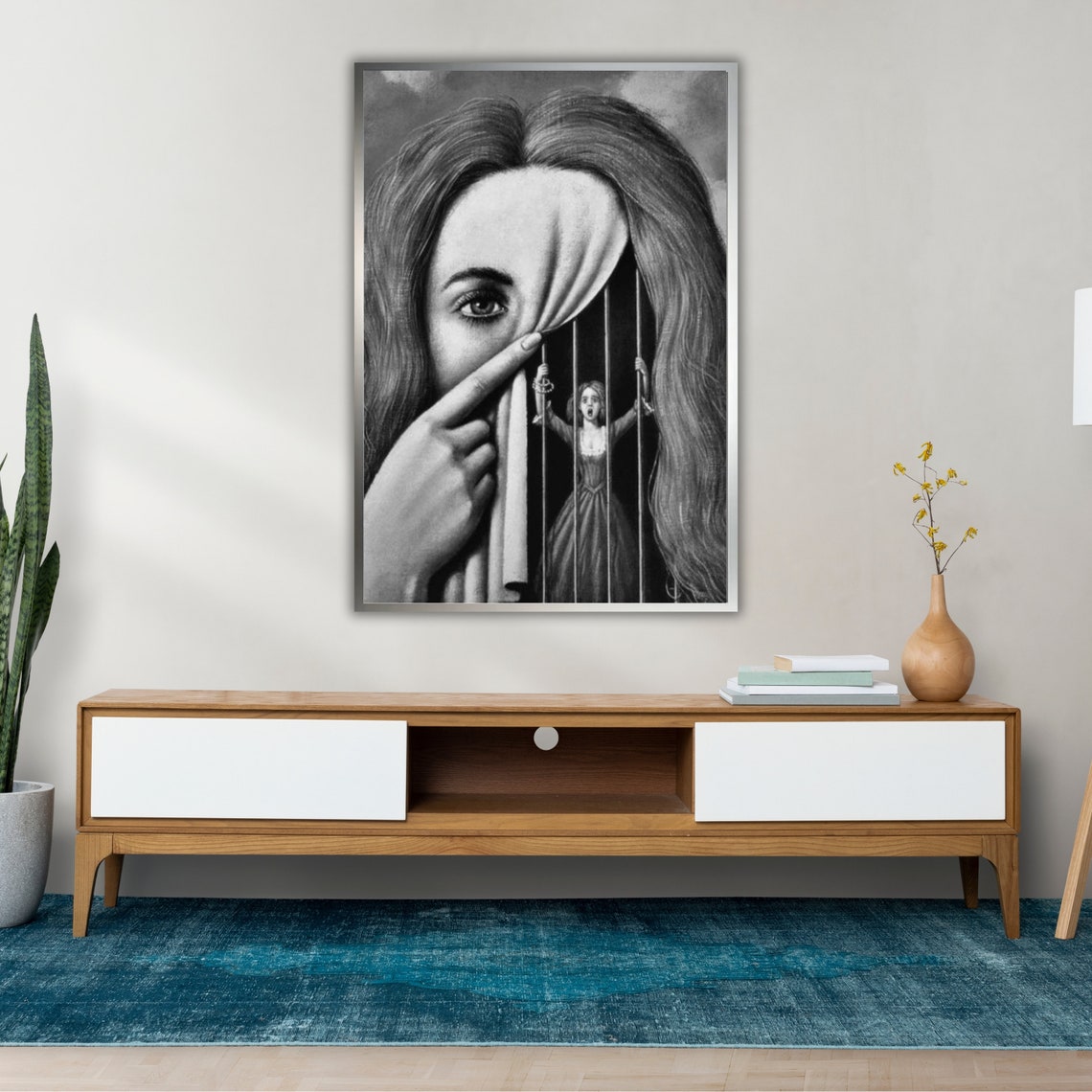 Surreal Woman Face Hiding A Tiny Prisoner Behind A Dark Curtain Poster - Image 4