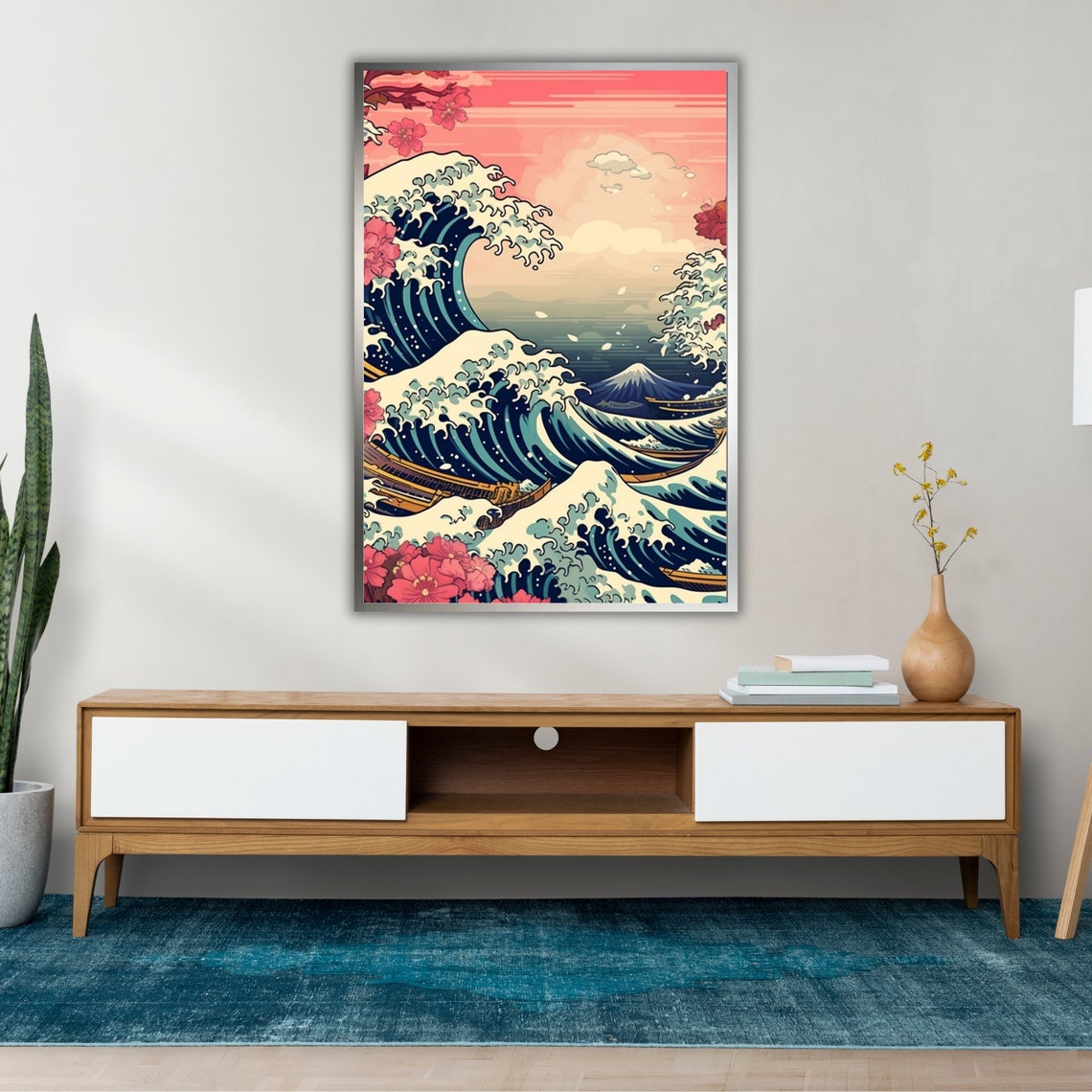 Great Wave Off Kanagawa Ukiyo E Mount Fuji Cherry Blossom Art Print - Image 2