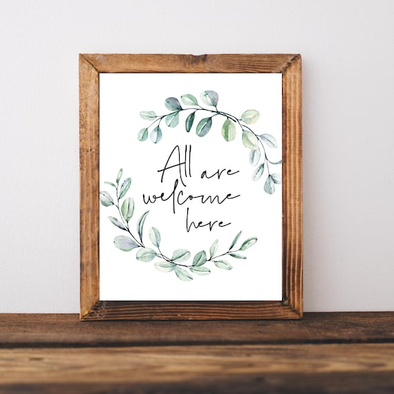 All Are Welcome Here Botanical Wreath Home Entryway Quote Poster