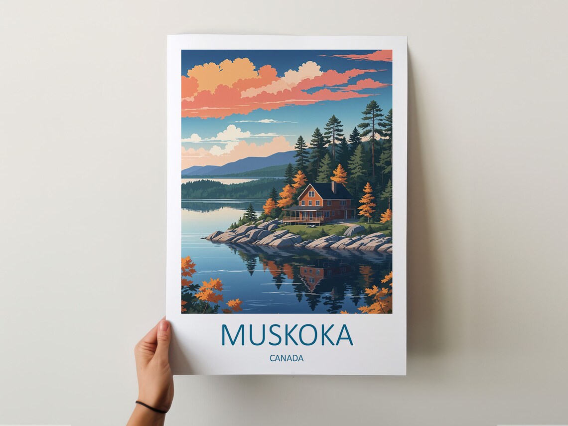 Vintage Muskoka Canada Autumn Lake Cabin Landscape Scene Poster - Image 5