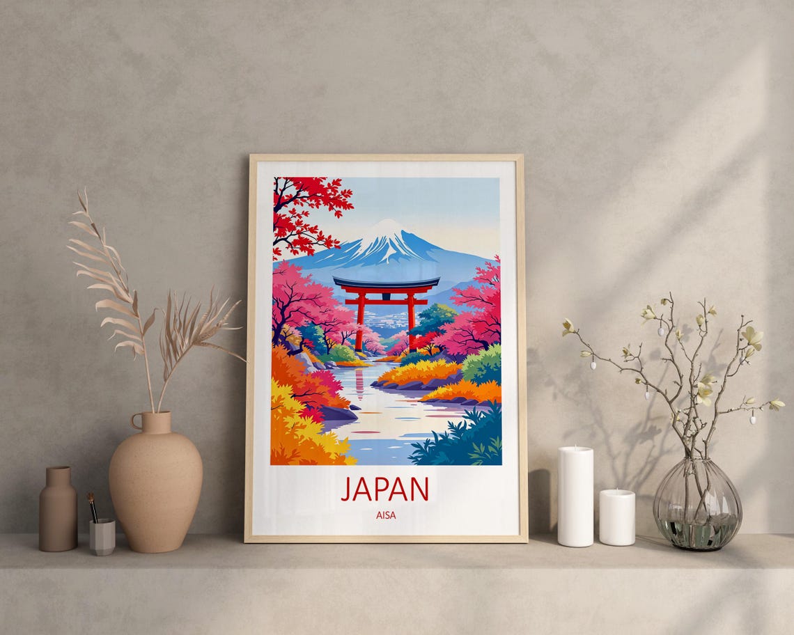 Japan Mount Fuji Red Torii Gate Autumn Cherry Blossom River Poster - Image 3
