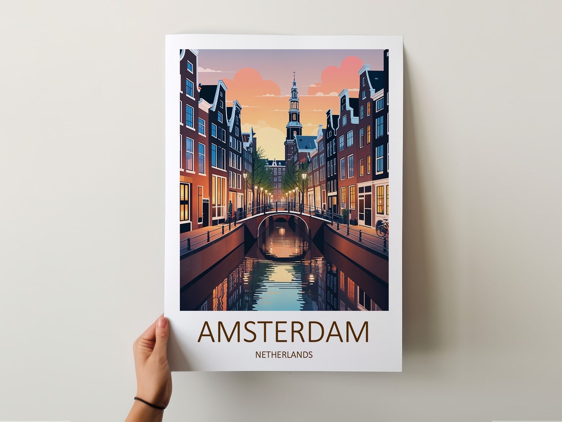 Amsterdam Netherlands Canal Houses Dusk Bridge Lights Travel Poster - Image 5