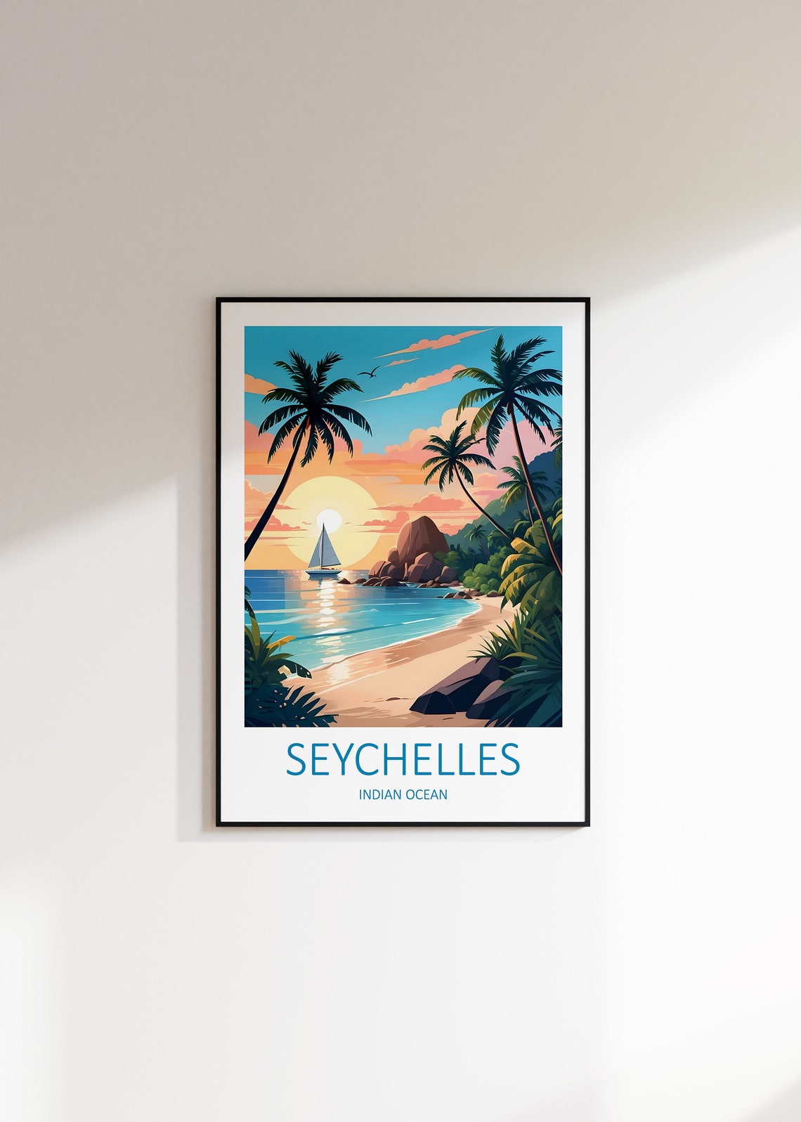Seychelles Indian Ocean Sunset Beach Sailboat Palms View Poster - Image 3