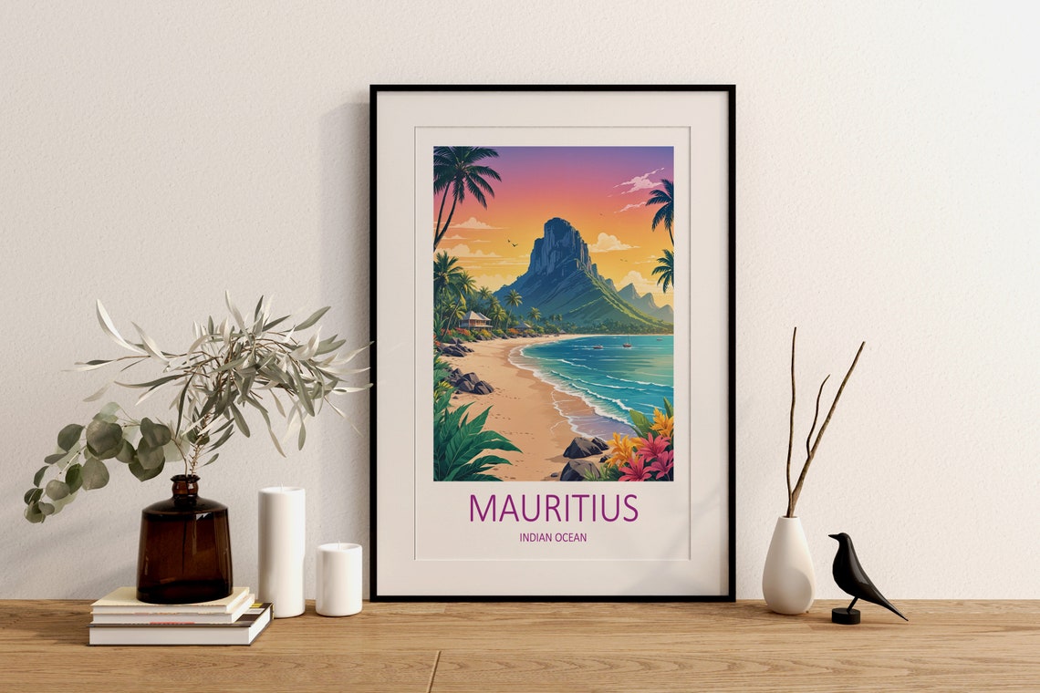Mauritius Indian Ocean Beach at Sunset With Tropical Mountain Poster - Image 2