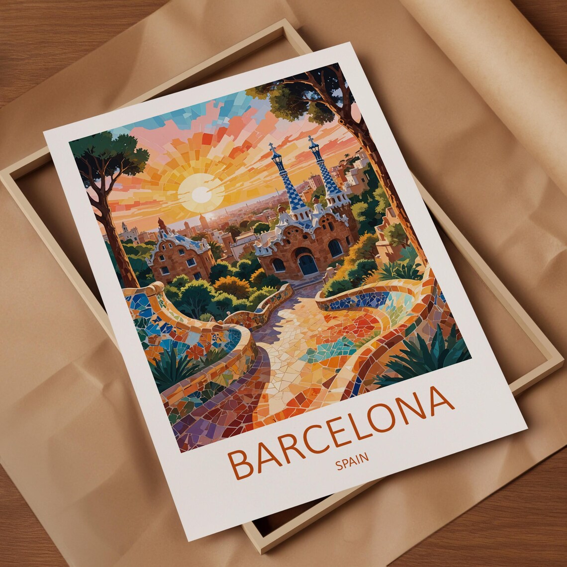 Barcelona Park Guell Mosaic Terrace Sunrise Golden Hour Art Poster - Image 4