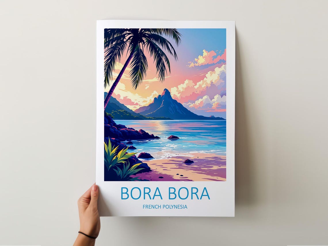 Bora Bora French Polynesia Sunset Palm Beach Over Lagoon Island Poster - Image 5