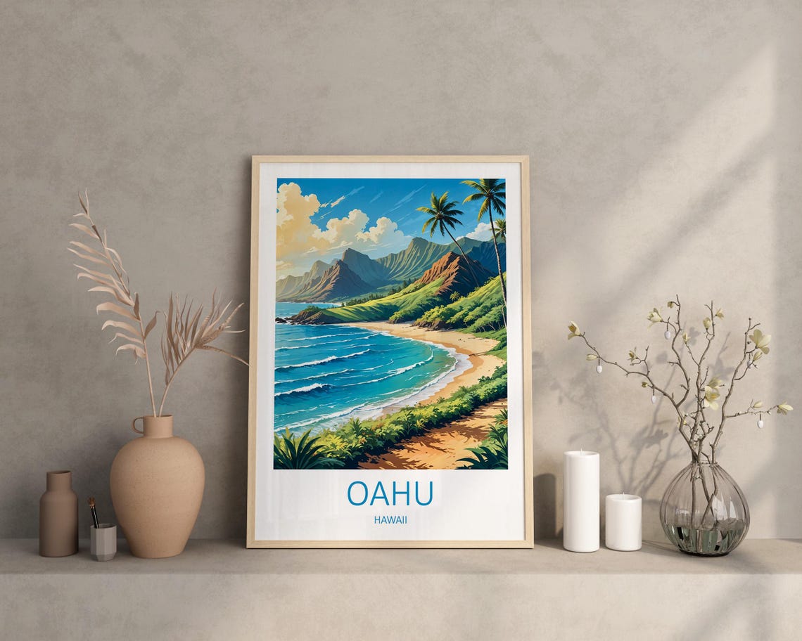 Oahu Hawaii Beach With Green Mountains and Turquoise Surf Poster - Image 2