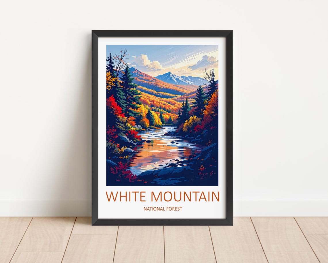White Mountain National Forest Autumn River Valley Travel Poster