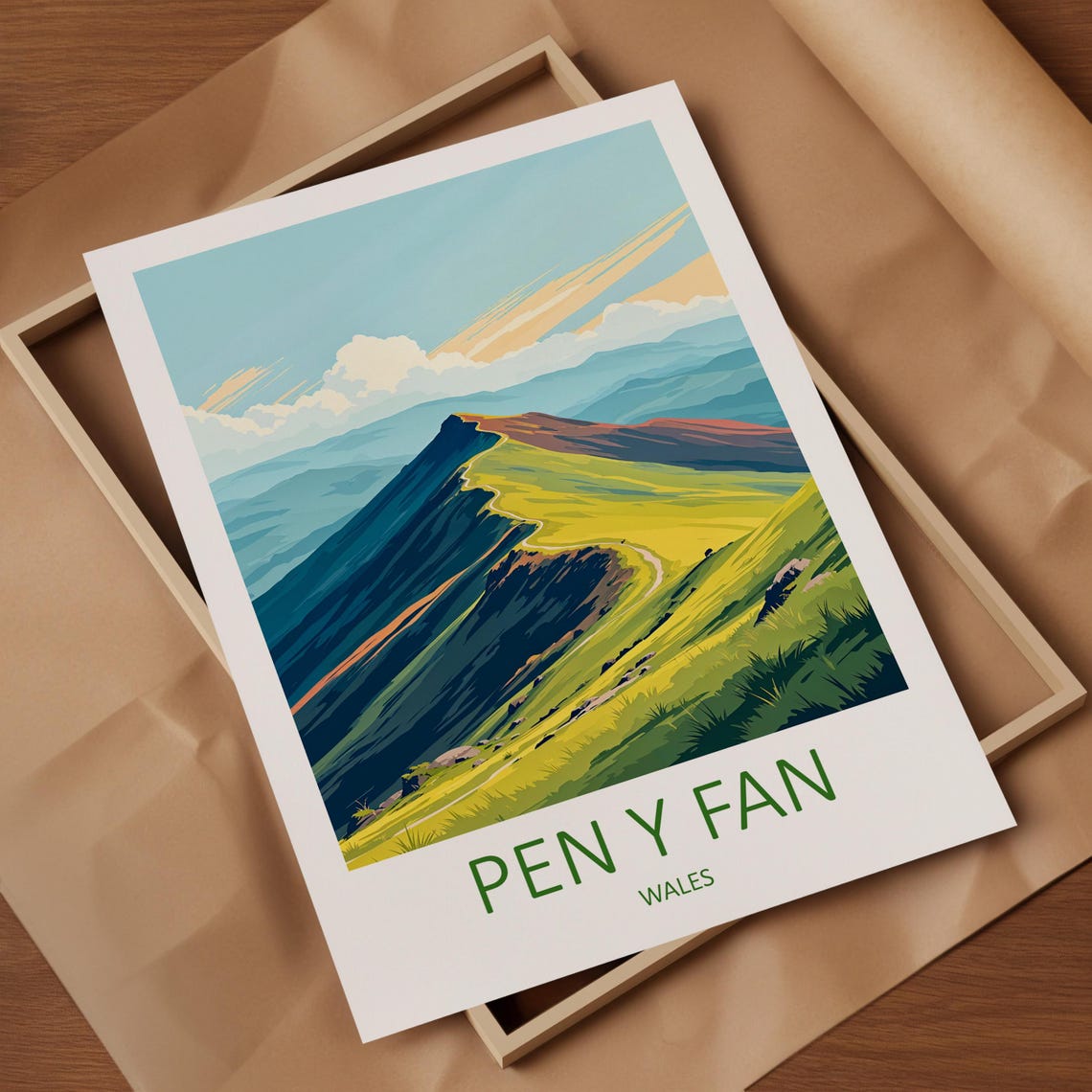 Pen Y Fan Wales Green Mountain Ridge Path Under Open Blue Sky Poster - Image 4