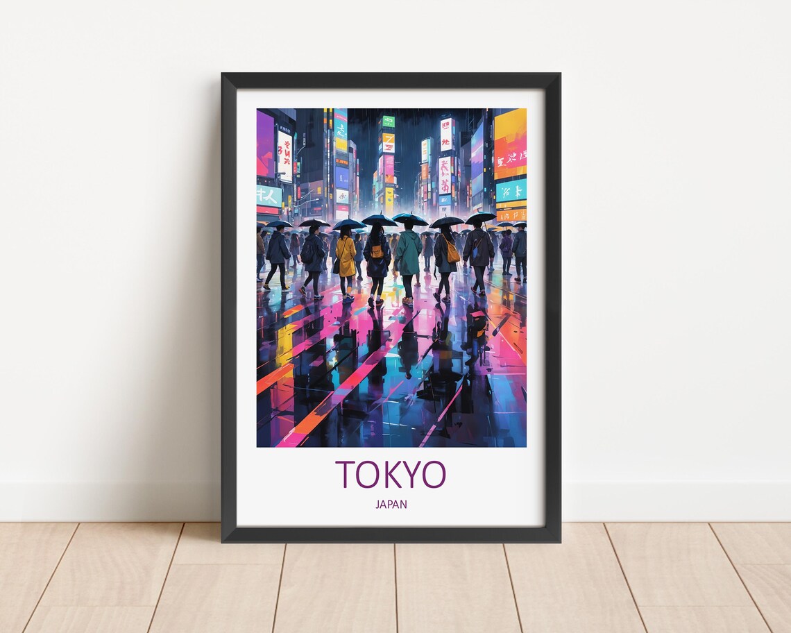 Tokyo Japan Neon City Rainy Night Umbrellas Street Travel Poster