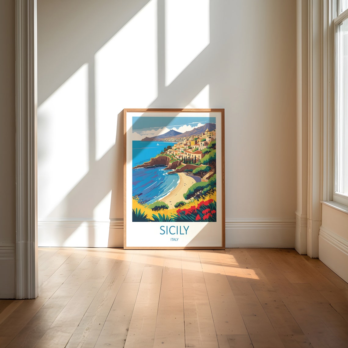Sicily Italy Coastal Town Cliffs Beach Blossoms Scenic Travel Poster - Image 6