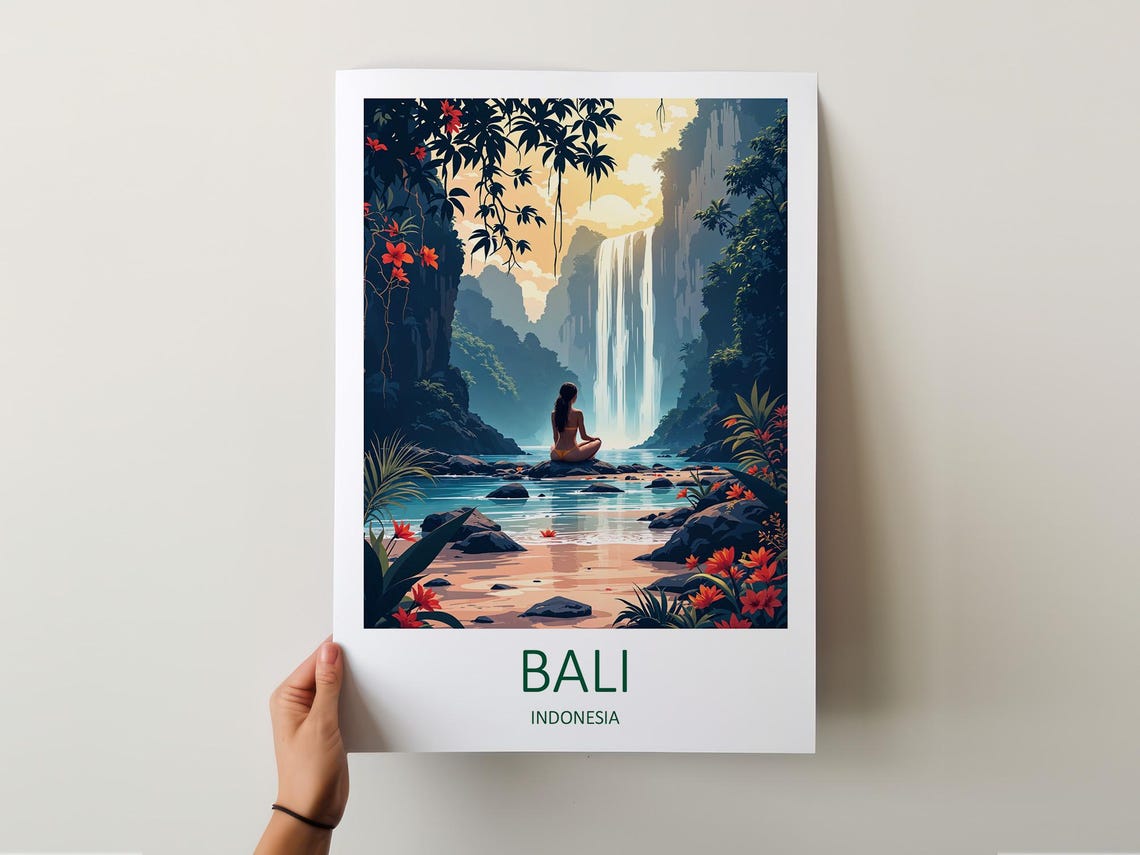 Bali Indonesia Waterfall Oasis With Meditating Figure Poster - Image 5