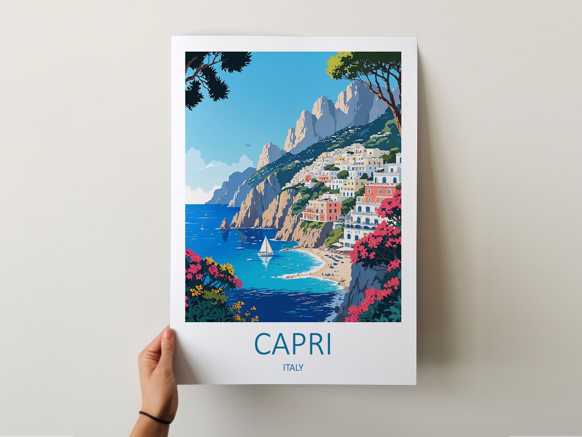 Capri Italy Cliffside Town With Sailboat and Bougainvillea Poster - Image 5