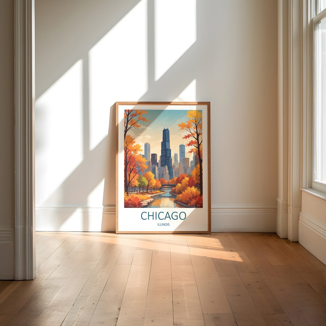 Chicago Illinois Skyline Golden Autumn Riverside Travel Poster - Image 6