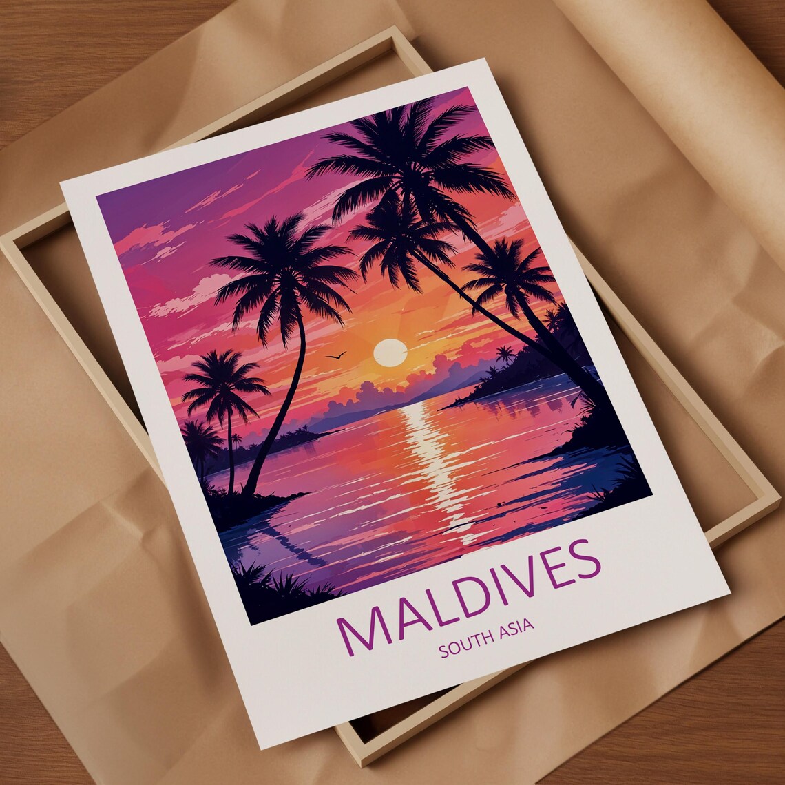 Maldives South Asia Palm Tree Sunset Lagoon Vintage Travel Poster - Image 4