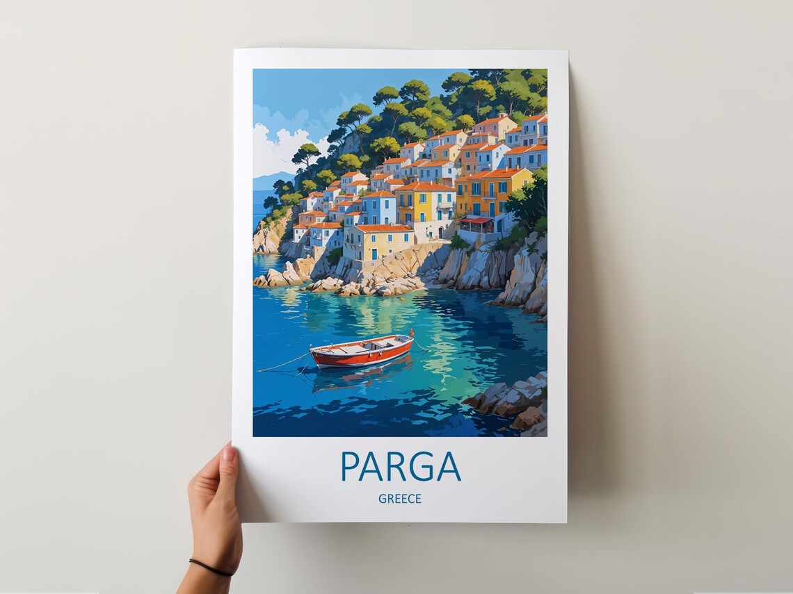 Parga Greece Hillside Bay Village Harbor Boat Vintage Travel Poster - Image 5