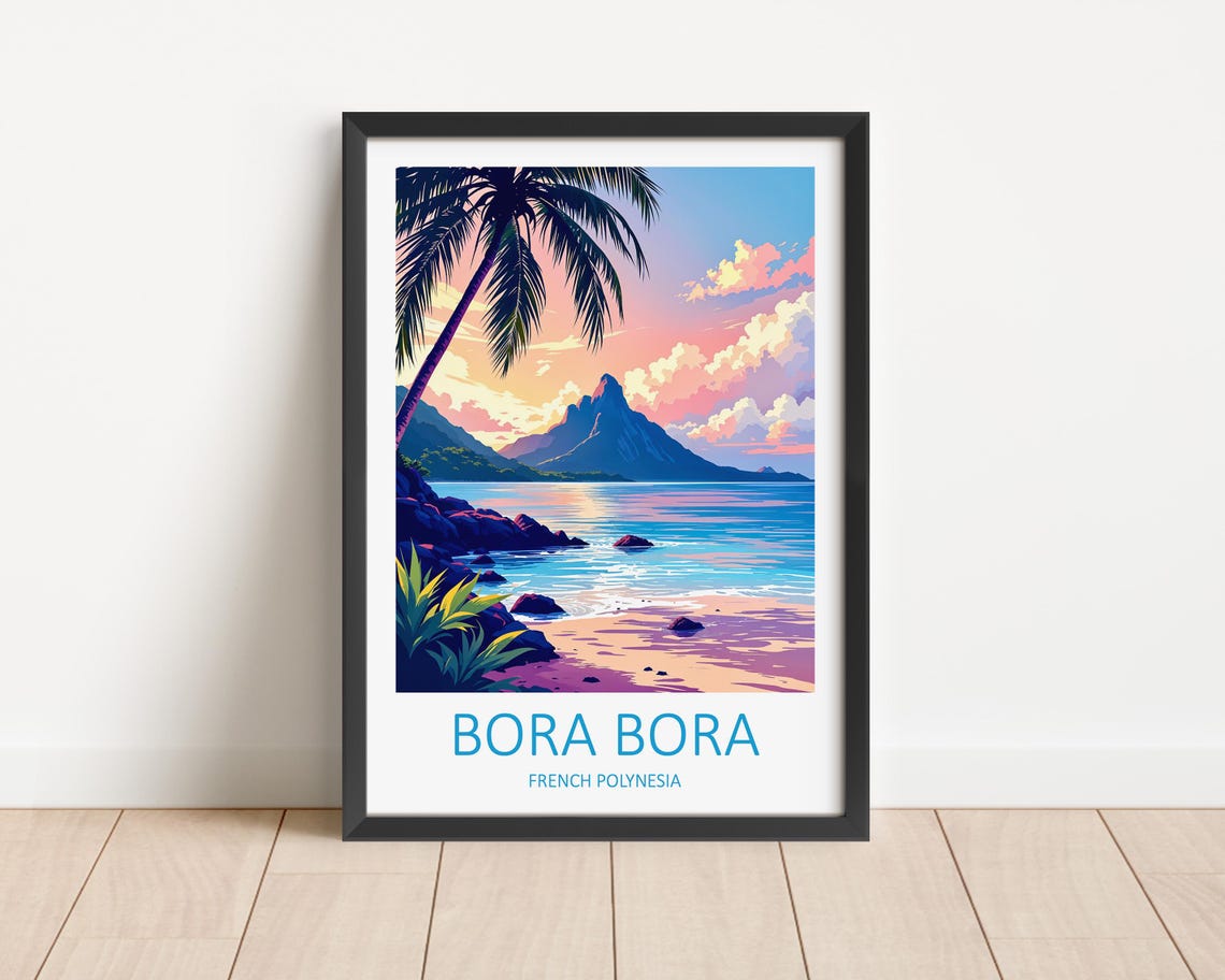 Bora Bora French Polynesia Sunset Palm Beach Over Lagoon Island Poster