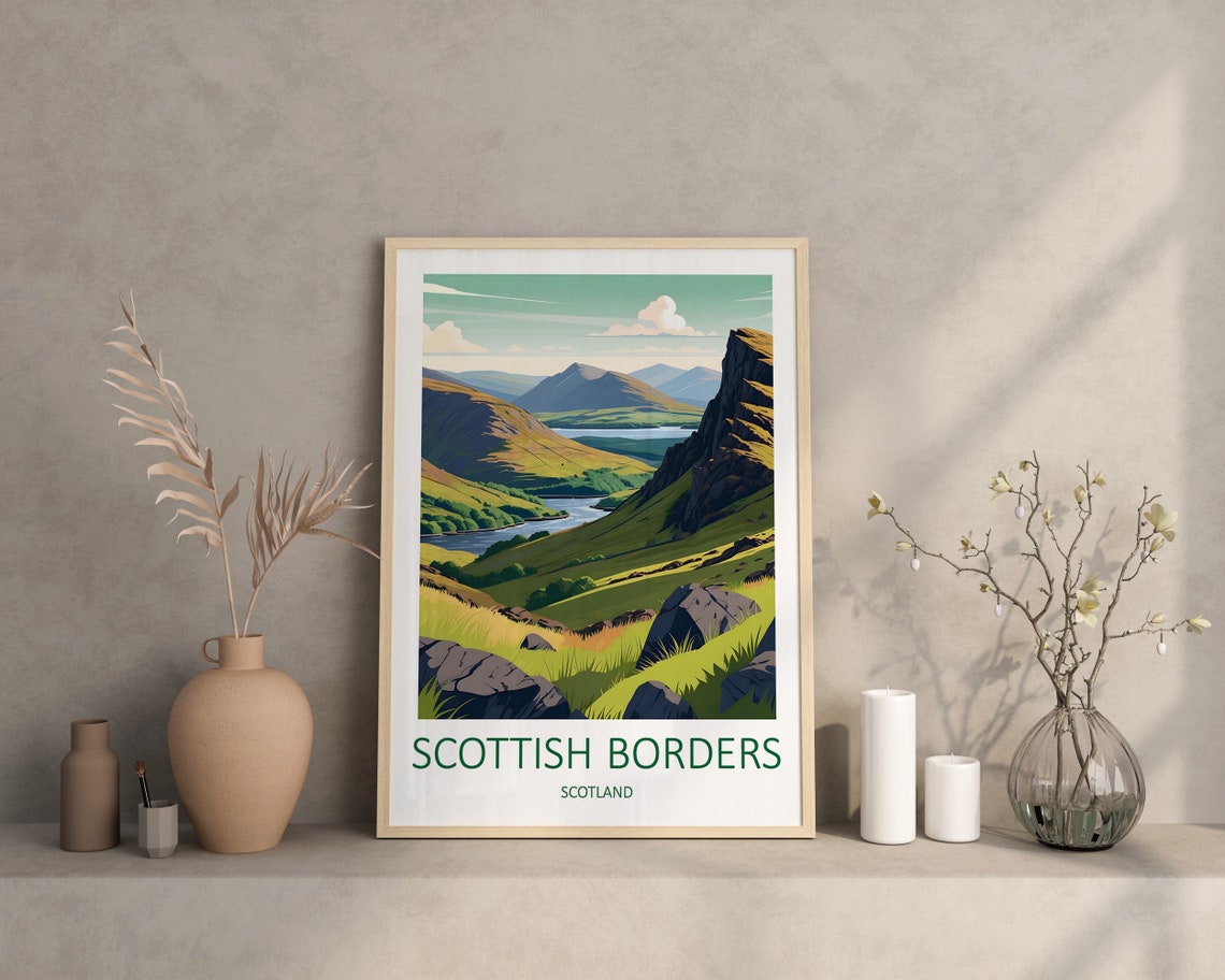 Scottish Borders Scotland Rolling Green Hills And Loch View Poster - Image 2