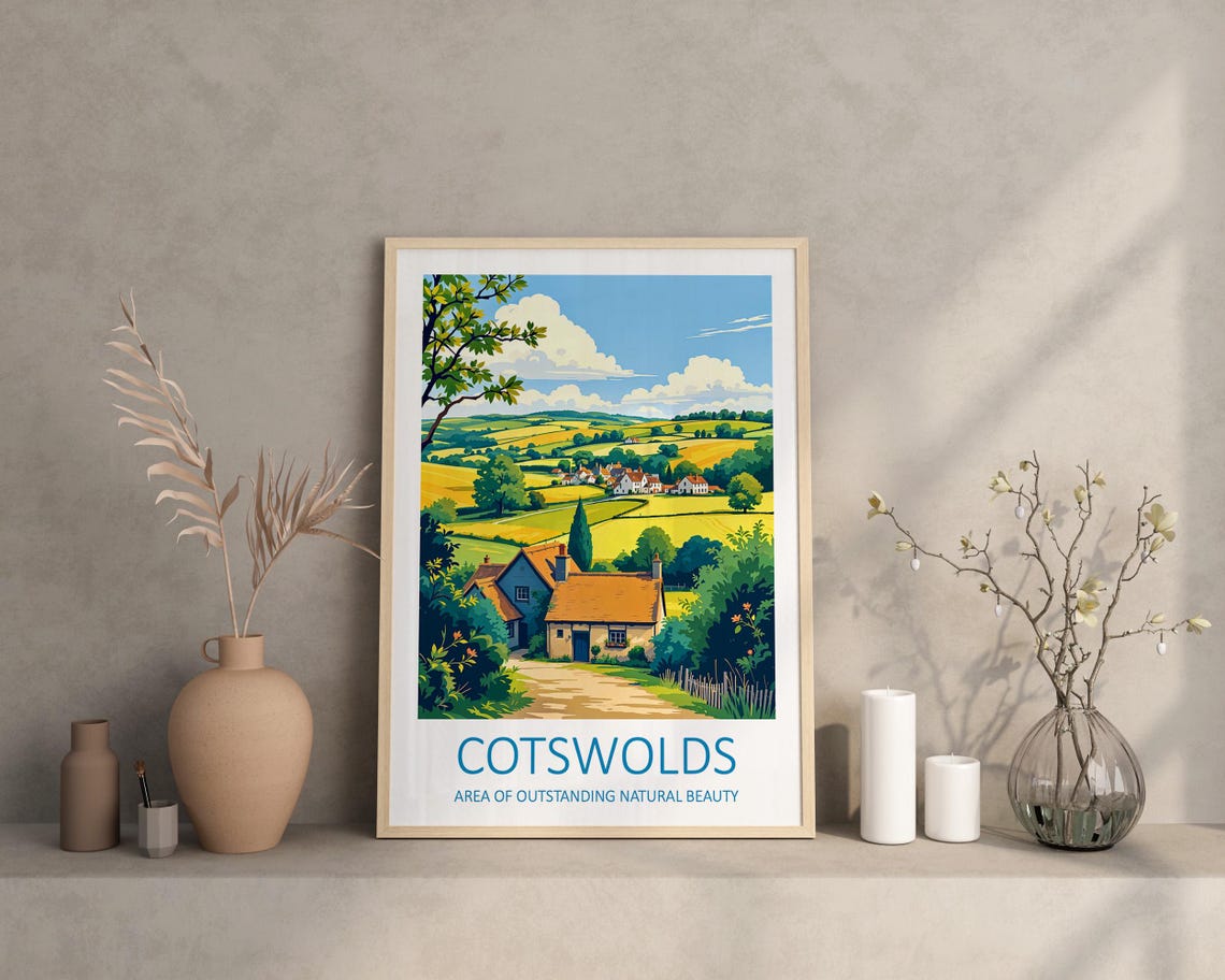 Cotswolds England Rolling Countryside Village and Stone Cottage Poster - Image 3