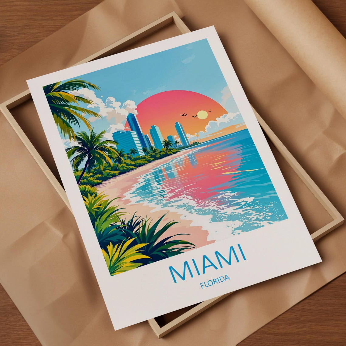Miami Beach Palm Trees Skyline Big Sunset Florida Travel Poster - Image 4