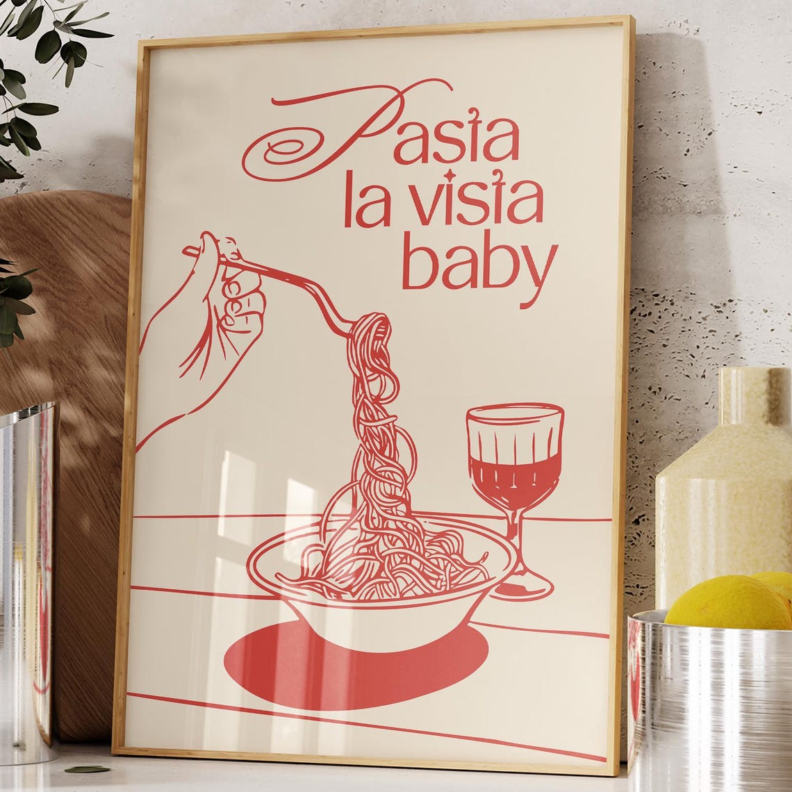 Pasta La Vista Baby Red Spaghetti Line Art Kitchen Wall Poster