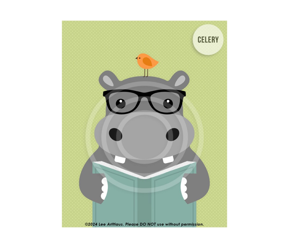 Cute Hippo Reading Book With Glasses Yellow Zoo Animal Nursery Kids Poster - Image 9